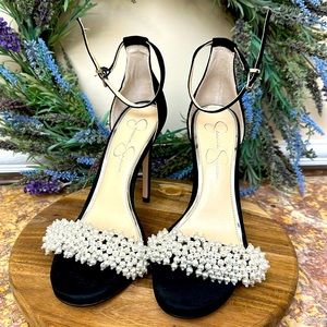 Jessica Simpson Rusley Embellished Suede Stiletto Sandals Black Beaded